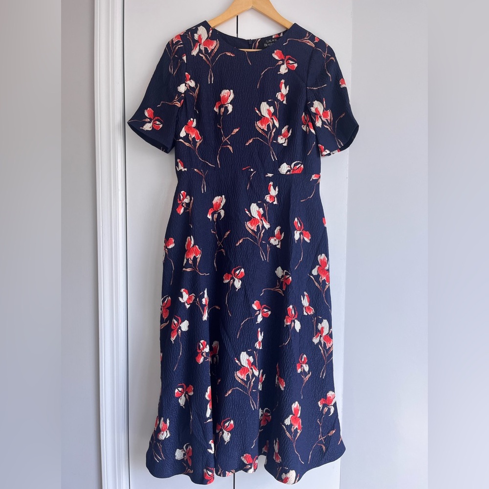 LALAGE BEAUMONT Short Sleeve Navy Blue Dress Silk Crepe UK Size 10